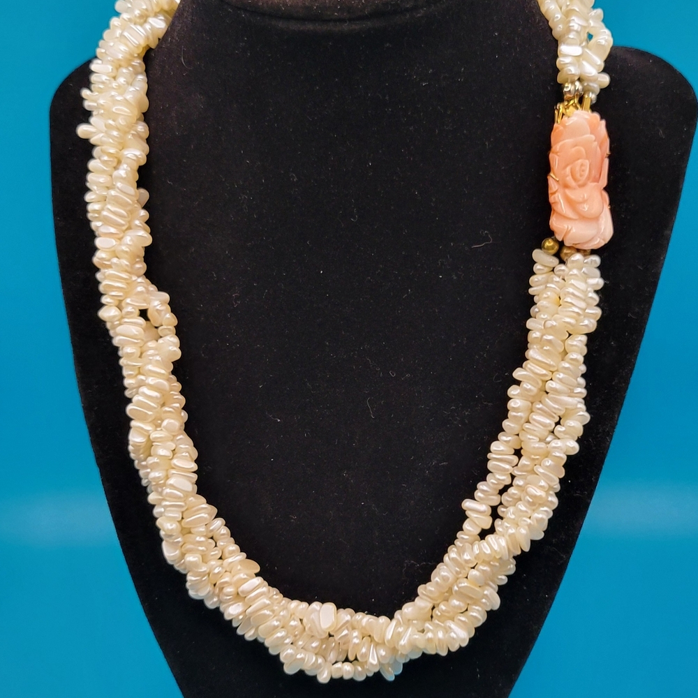 Elegant Cream Pearl Necklace with Coral Accent